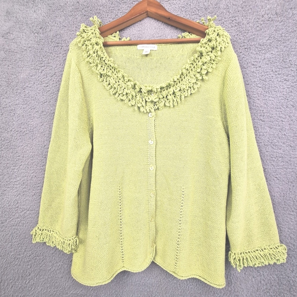 Coldwater Creek‎ Cardigan Womens Large Green Fringe Trim Sweater Boho Feminine